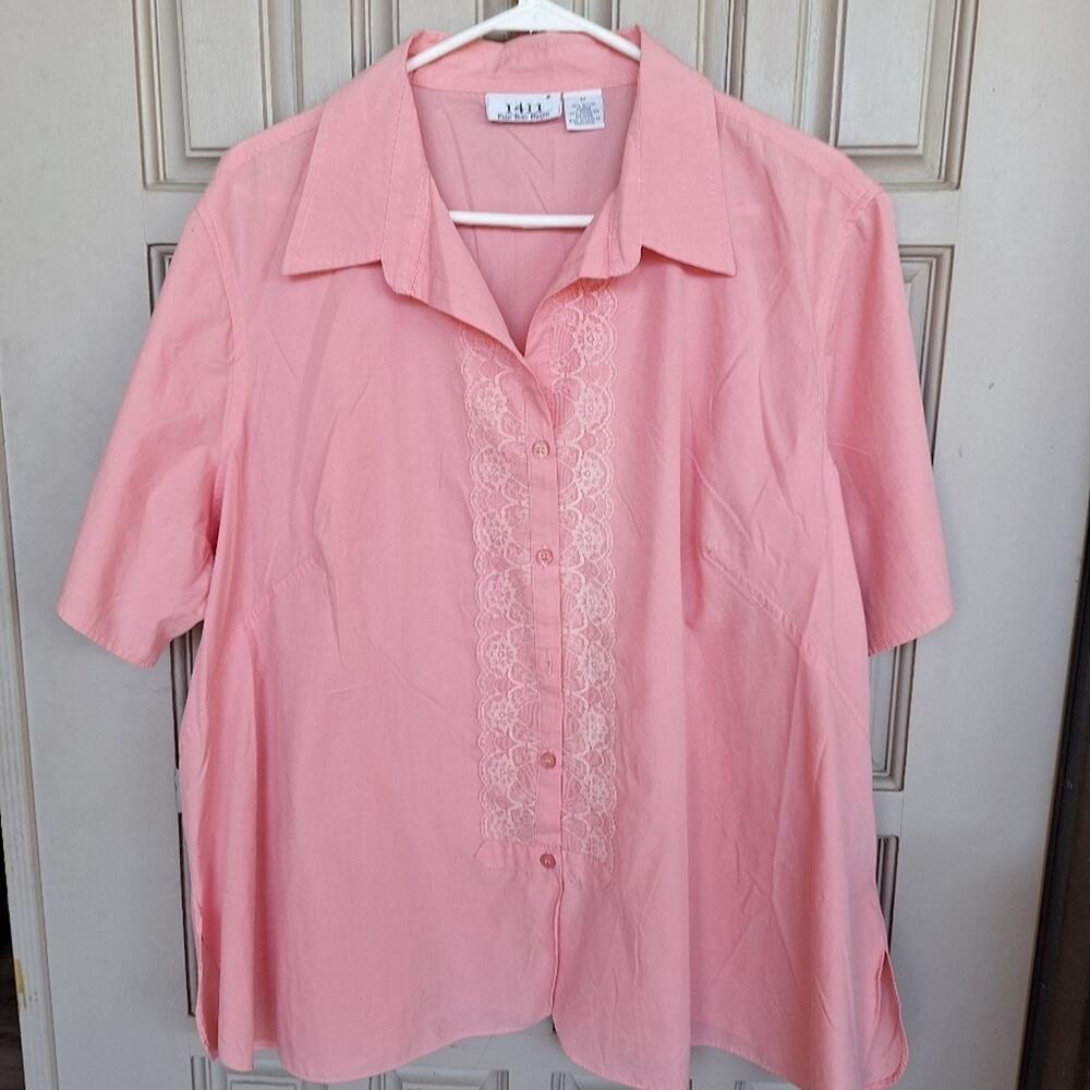1411 Plus Sz3X Blouse Buttondown Short Sleeves Collar Lace Inset Lt Weight Nice